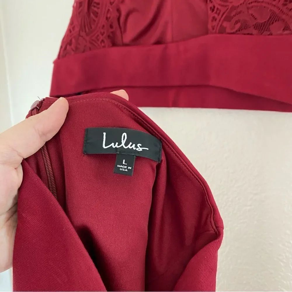 Lulus 2 piece Chic My Interest Burgundy red lace crop top dress mini skirt L - Picture 7 of 13